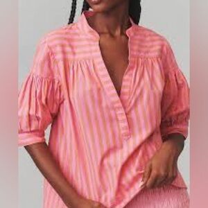 Anthropologie striped pink and orange puff sleeve shirt EUC